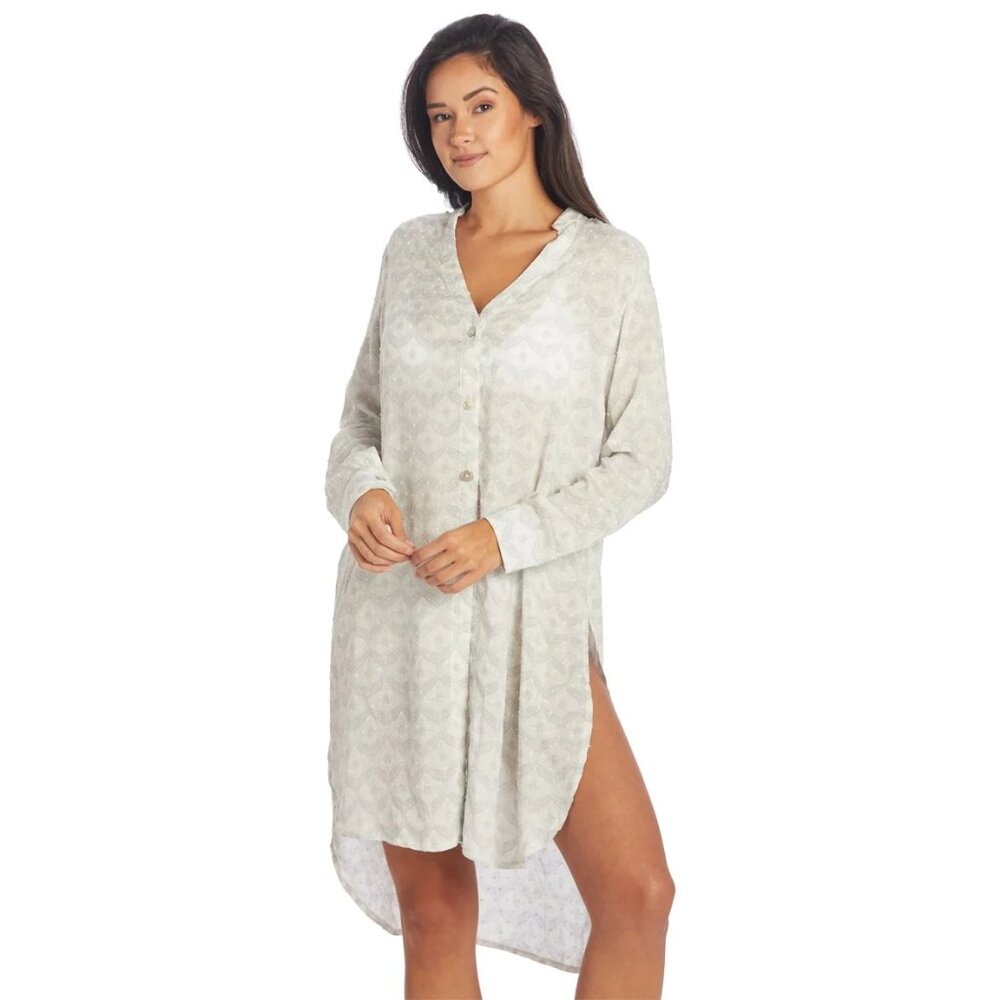 J Valdi Swim Cover Button Front Semi Sheer Swiss Dot Geometric Gray White L